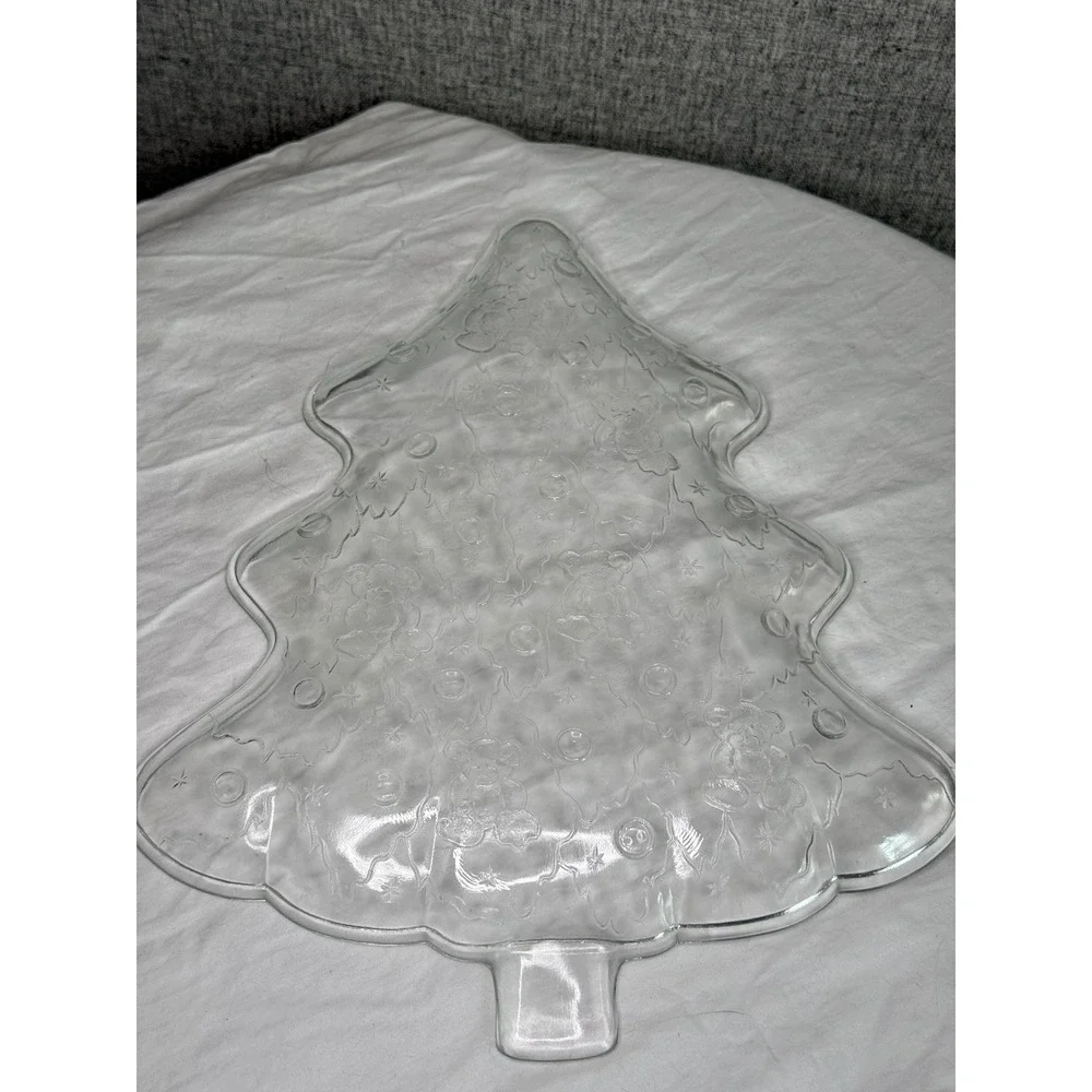 Vintage CHRISTMAS‎ TREE CRYSTAL Glass Serving Dish TEDDY BEAR 12